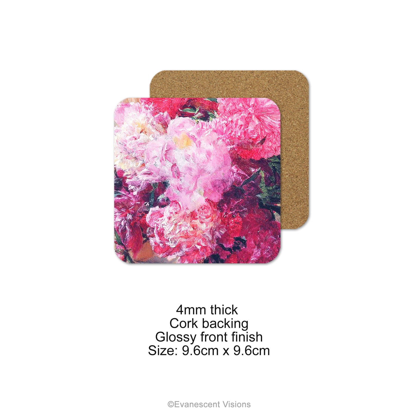 Front and vack views and product details for the Pink Peonies Floral Coasters