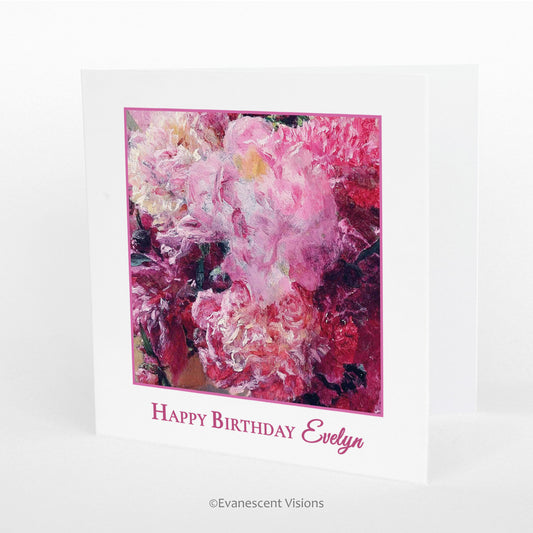 Pink Peonies Personalised Name Birthday Card standing on a white surface