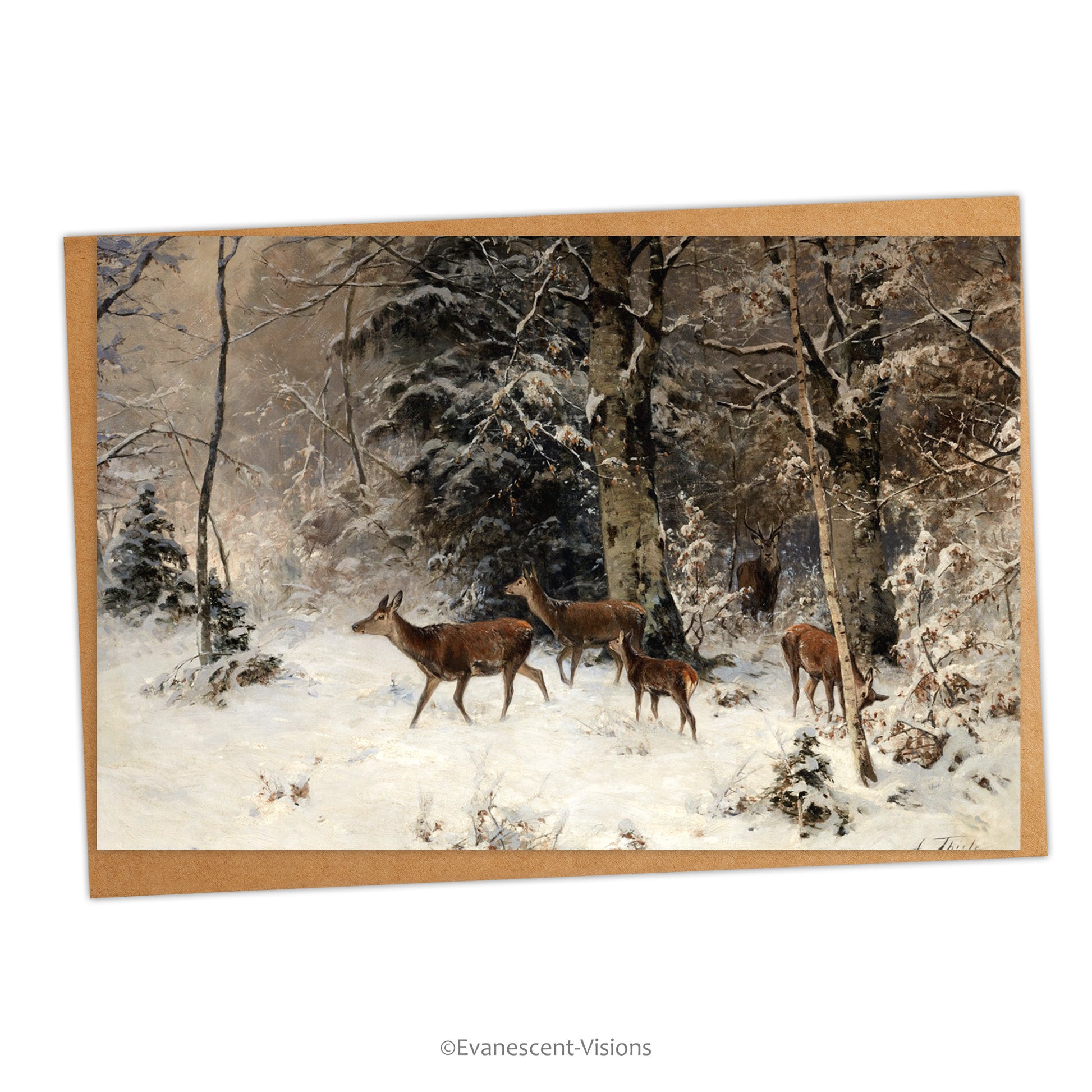 Winter Holiday Landscape with Deer Christmas Card, artwork by Arthur Thiele