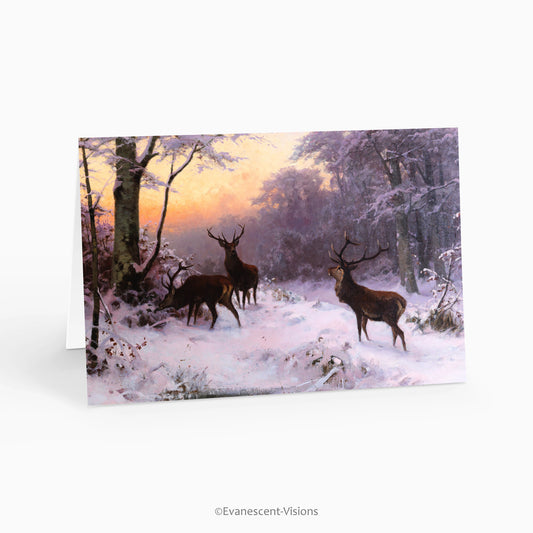 Deer Winter Woodland Traditional Christmas Card with artwork by Arthur Thiele, standing on a surface