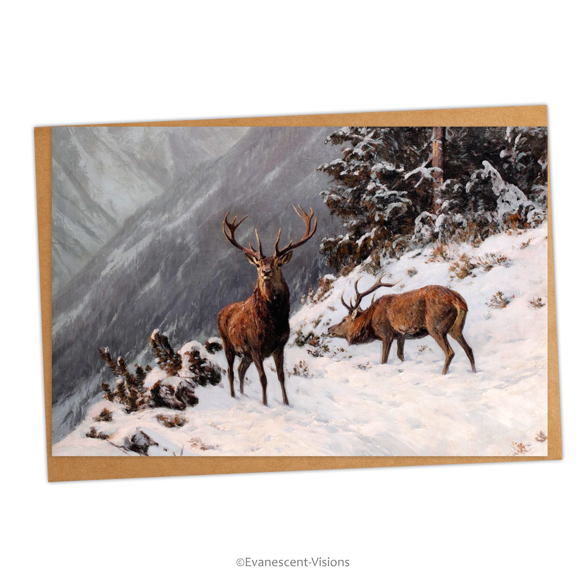 Red Deer Grazing in a Winter Woodland Christmas Card with envelope