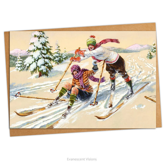 Humorous Winter Skiing Retro Christmas Card with artwork 'Skiers' by Julius Arthur Thiele