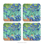 Set of 4 coasters with the painting 'Irises' on the front, by Van Gogh, shown on a white background. 