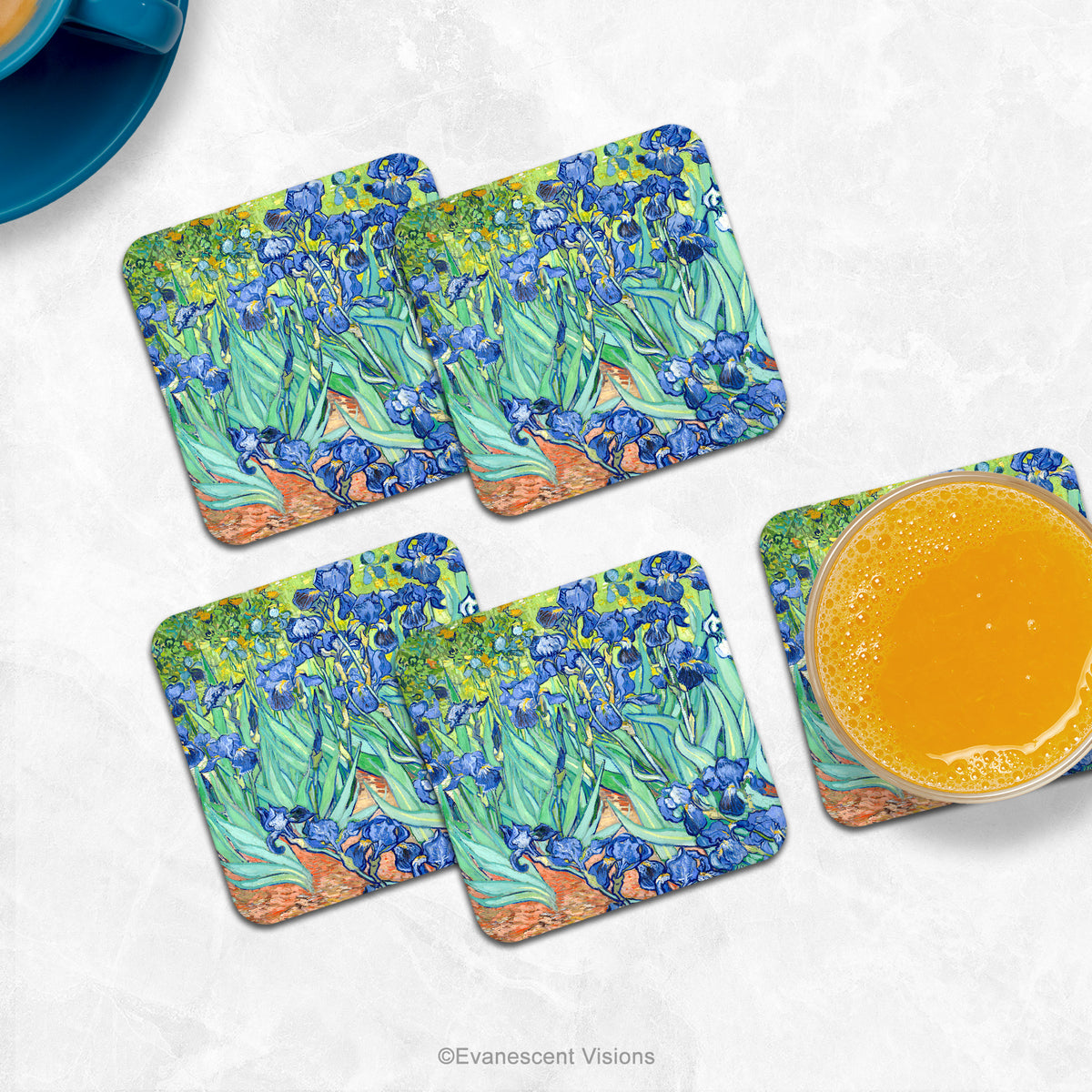 Set of 4 coasters with the painting 'Irises' on the front, by Van Gogh, shown on a marble counter top with drinks .