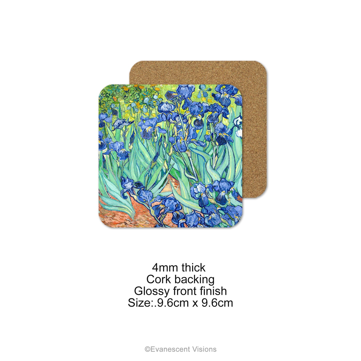 Single coaster with the design of Van Gogh's 'Irises' showing also cork back and product details
