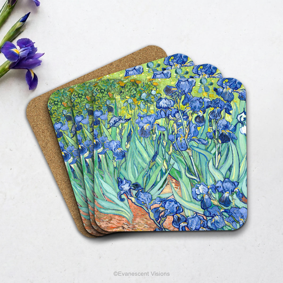 Set of 4 coasters with the painting 'Irises' on the front, by Van Gogh, shown on a white background. 