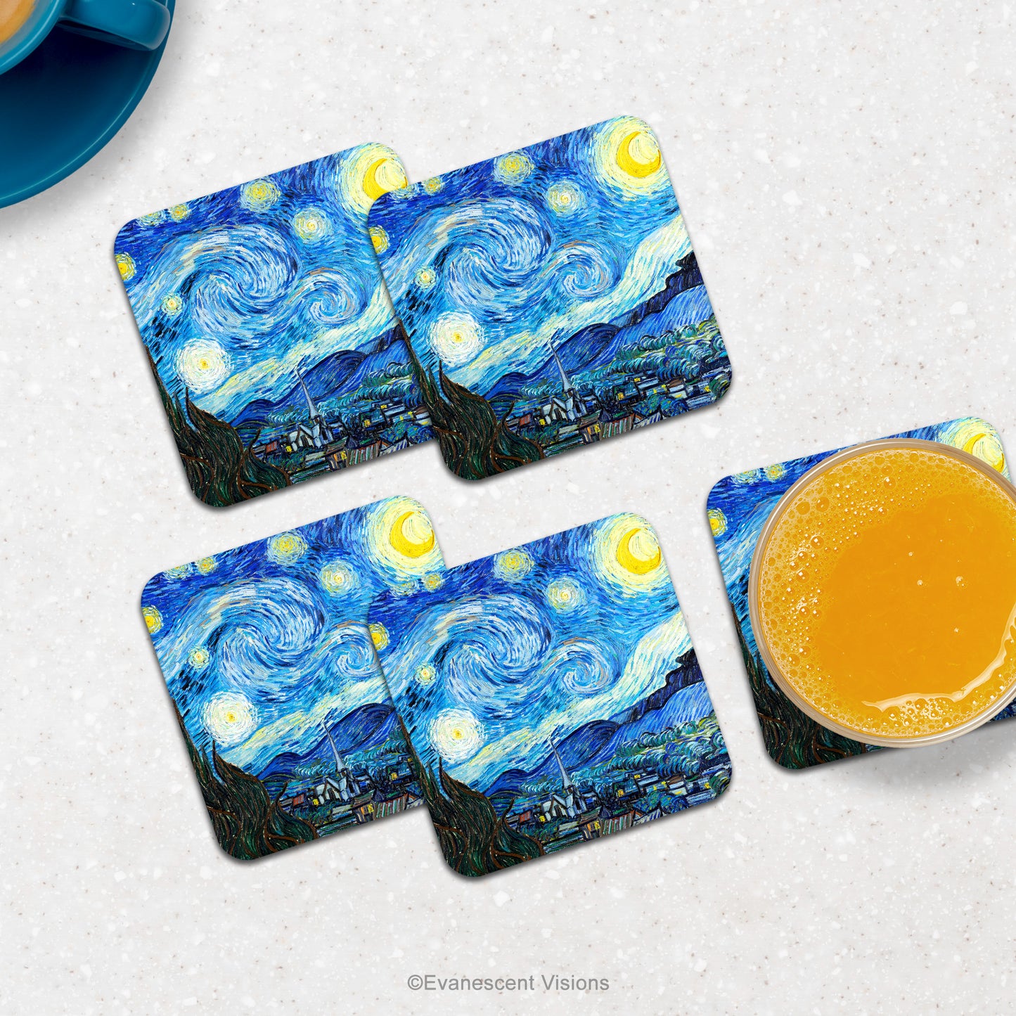 Coasters with Van Gogh's 'Starry Night' design shown on a counter top with drinks