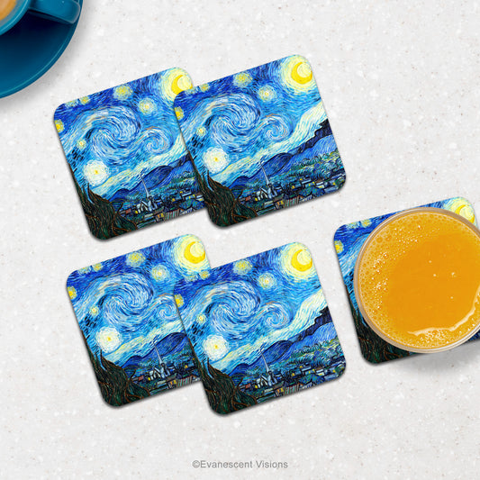 Coasters with Van Gogh's 'Starry Night' design shown on a counter top with drinks