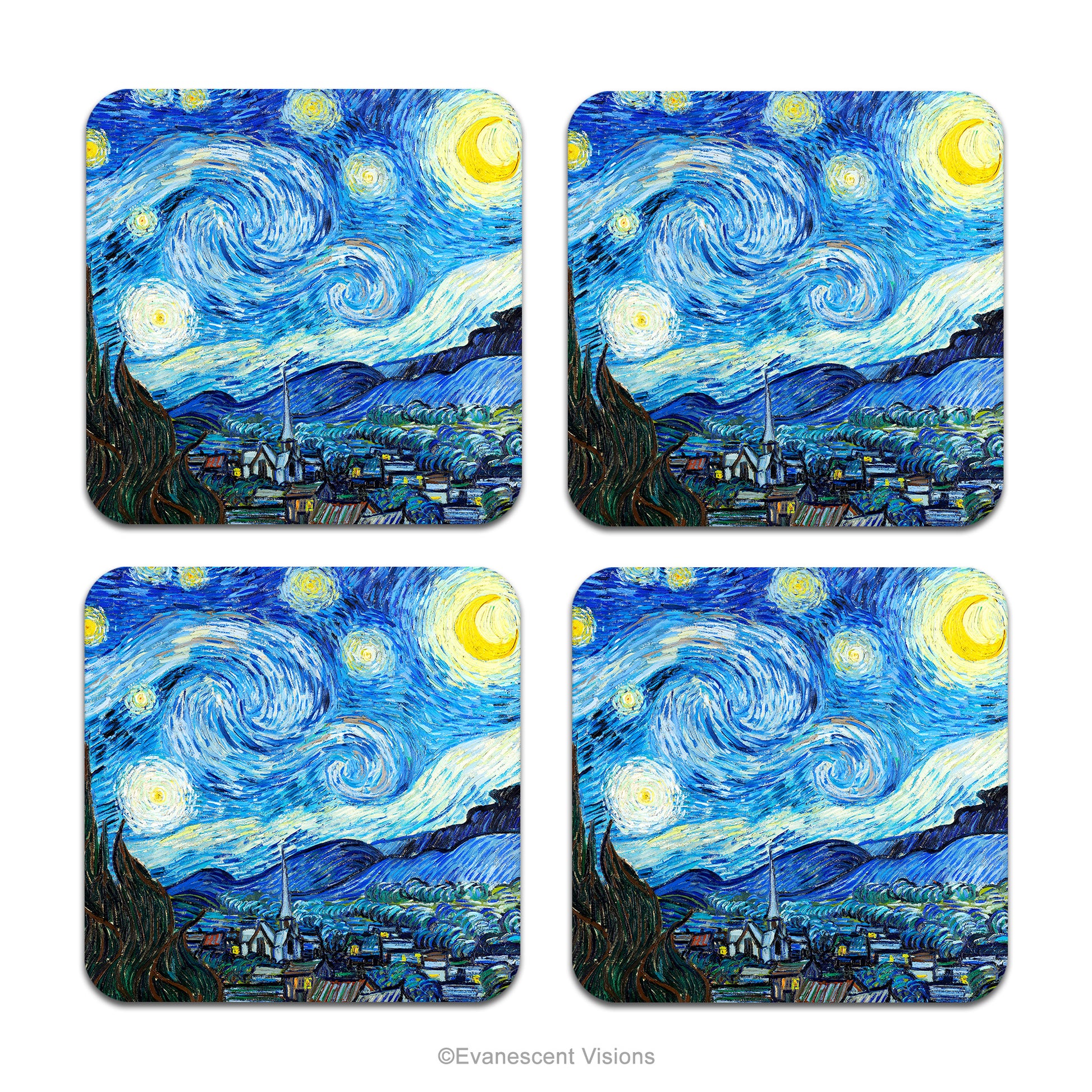 Set of 4 square coasters with Van Gogh's 'Starry Night' artwork.