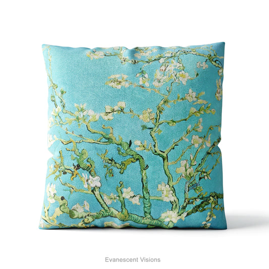 A square decorative cushion featuring Vincent van Gogh's 'Almond Blossom' painting design,  shown on a plain white background.