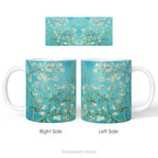 Left and right side views of the ceramic mug featuring Vincent van Gogh's 'Almond Blossom' painting design.