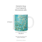 A ceramic mug featuring Vincent van Gogh's 'Almond Blossom' painting design, with mug dimensions.