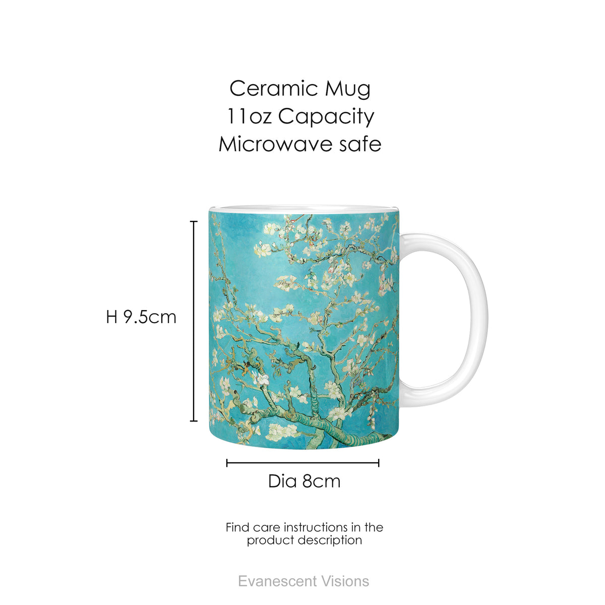 A ceramic mug featuring Vincent van Gogh's 'Almond Blossom' painting design, with mug dimensions.