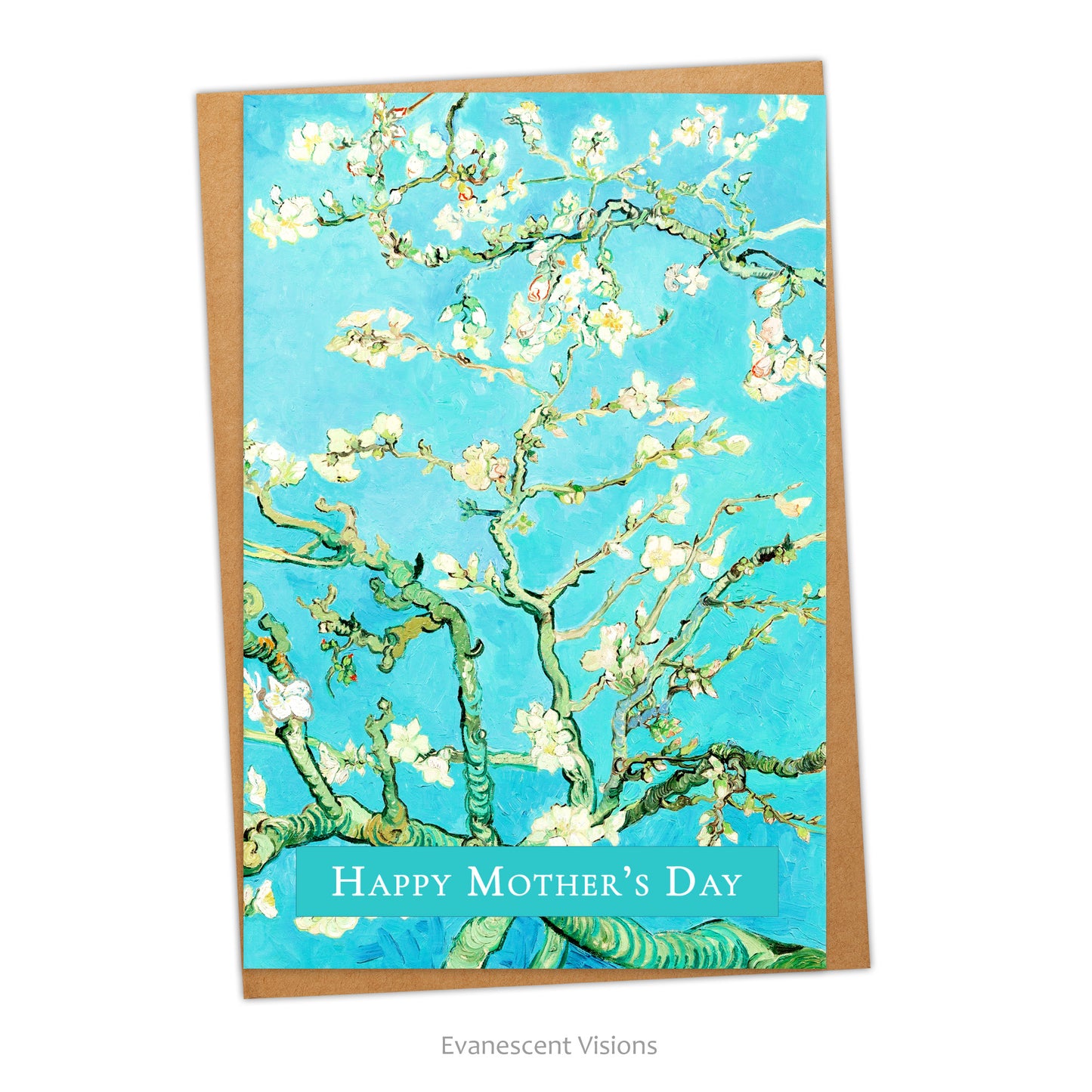 Card and Envelope. Card's image is Van Gogh's 'Almond Blossom' with a banner at the bottom with the words 'Happy Mother's Day.'