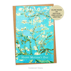 Card and Envelope. Card's image is Van Gogh's 'Almond Blossom' with a banner at the bottom with 'Happy Mother's Day.' Sticker says 'Blank inside or add your own custom greeting.'