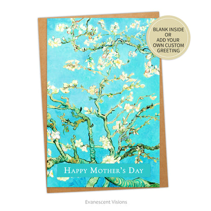 Card and Envelope. Card's image is Van Gogh's 'Almond Blossom' with a banner at the bottom with 'Happy Mother's Day.' Sticker says 'Blank inside or add your own custom greeting.'