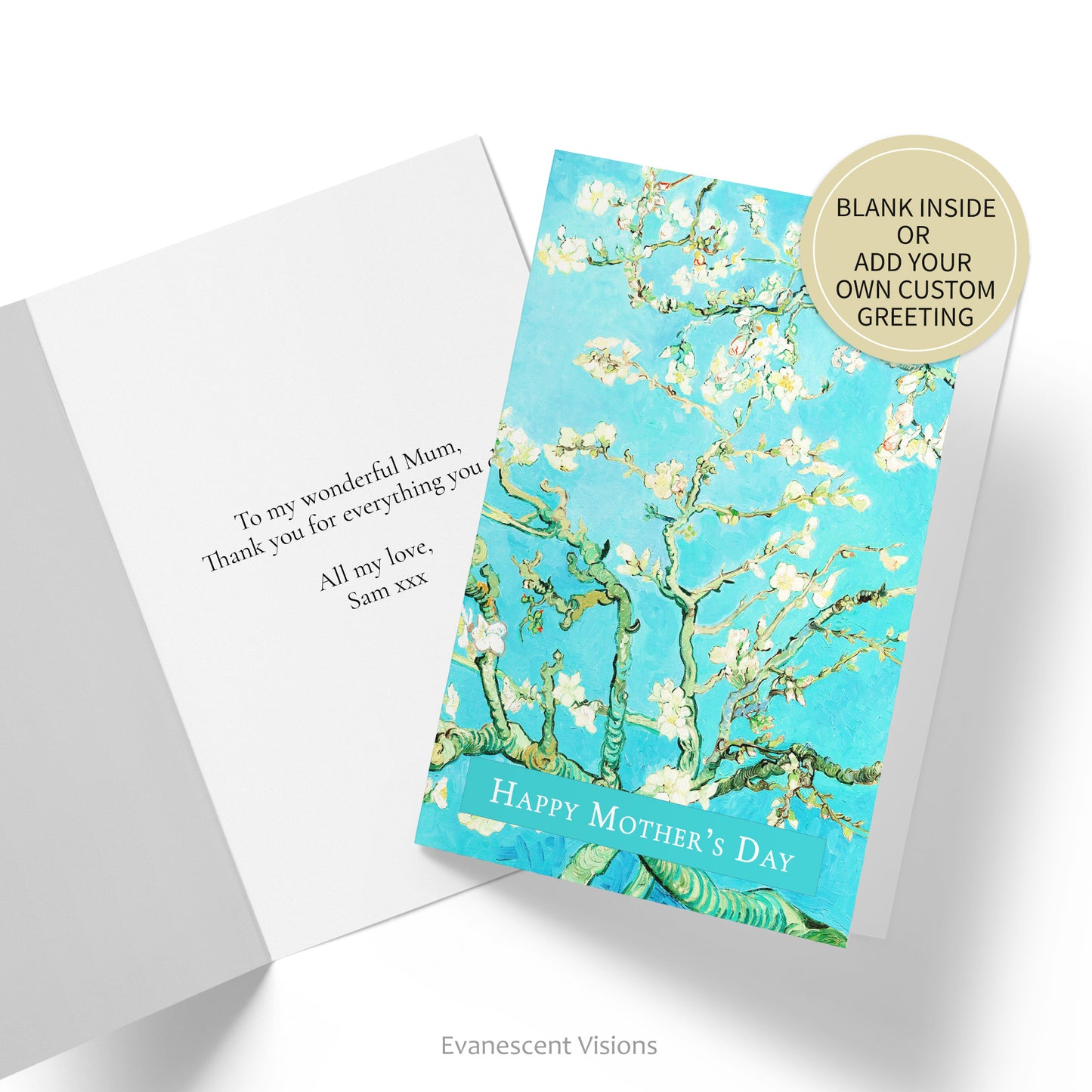 Card with image from Van Gogh's 'Almond Blossom' with a banner at the bottom with the words 'Happy Mother's Day.' Inside of card shown with custom greeting.