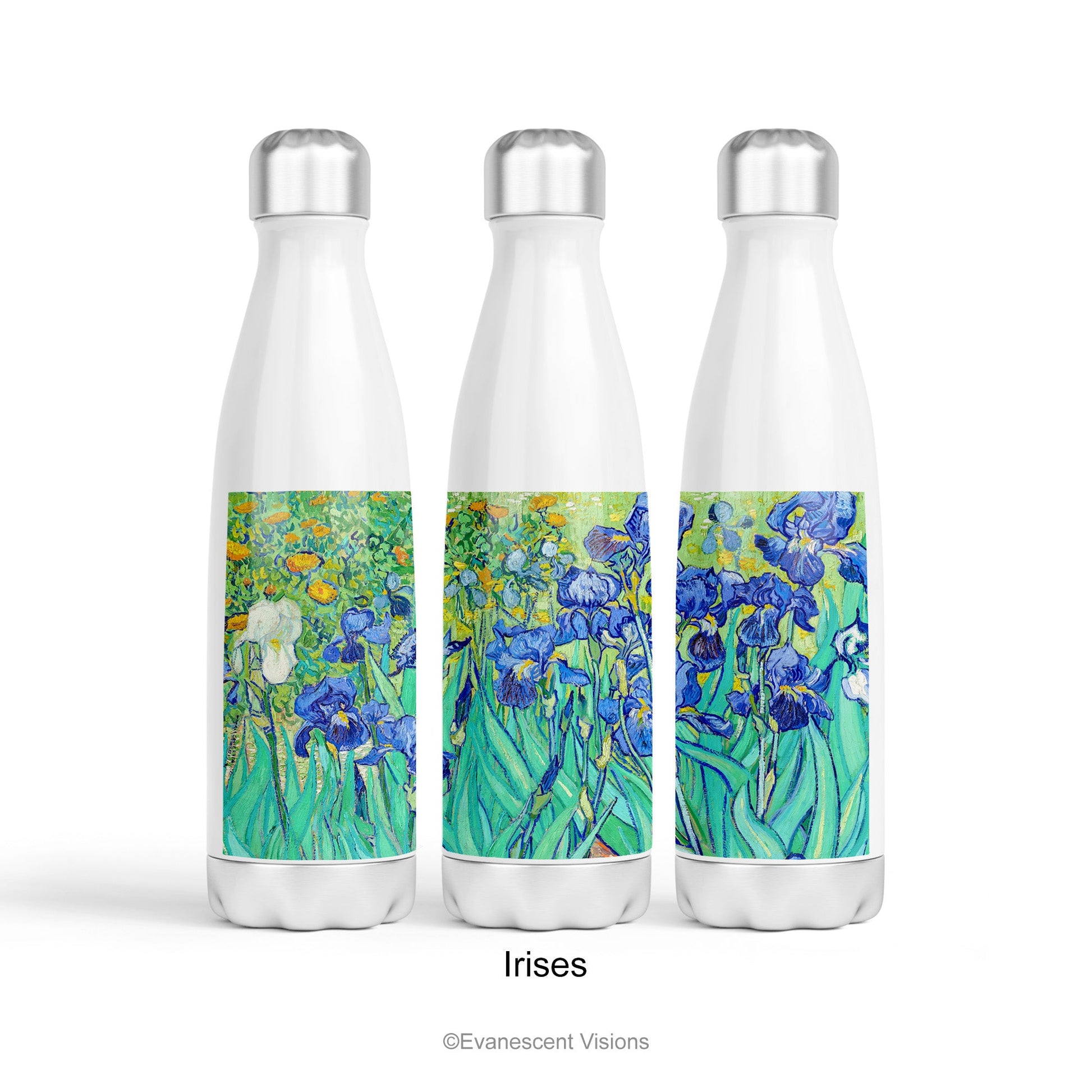 Van Gogh Art Personalised Stainless Steel Water Bottle with the design option 'Irises'