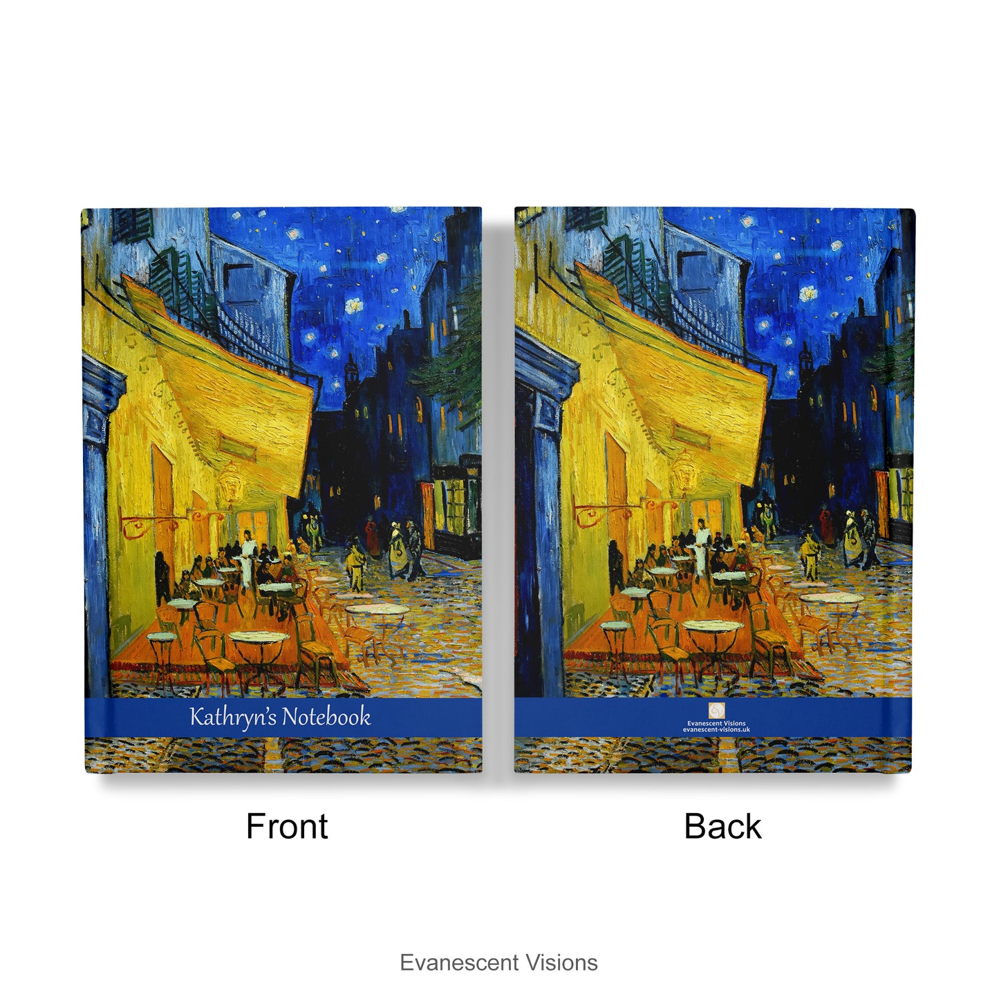 Front and back views of the Personalised Notebook with Van Gogh's Cafe Terrace at Night artwork