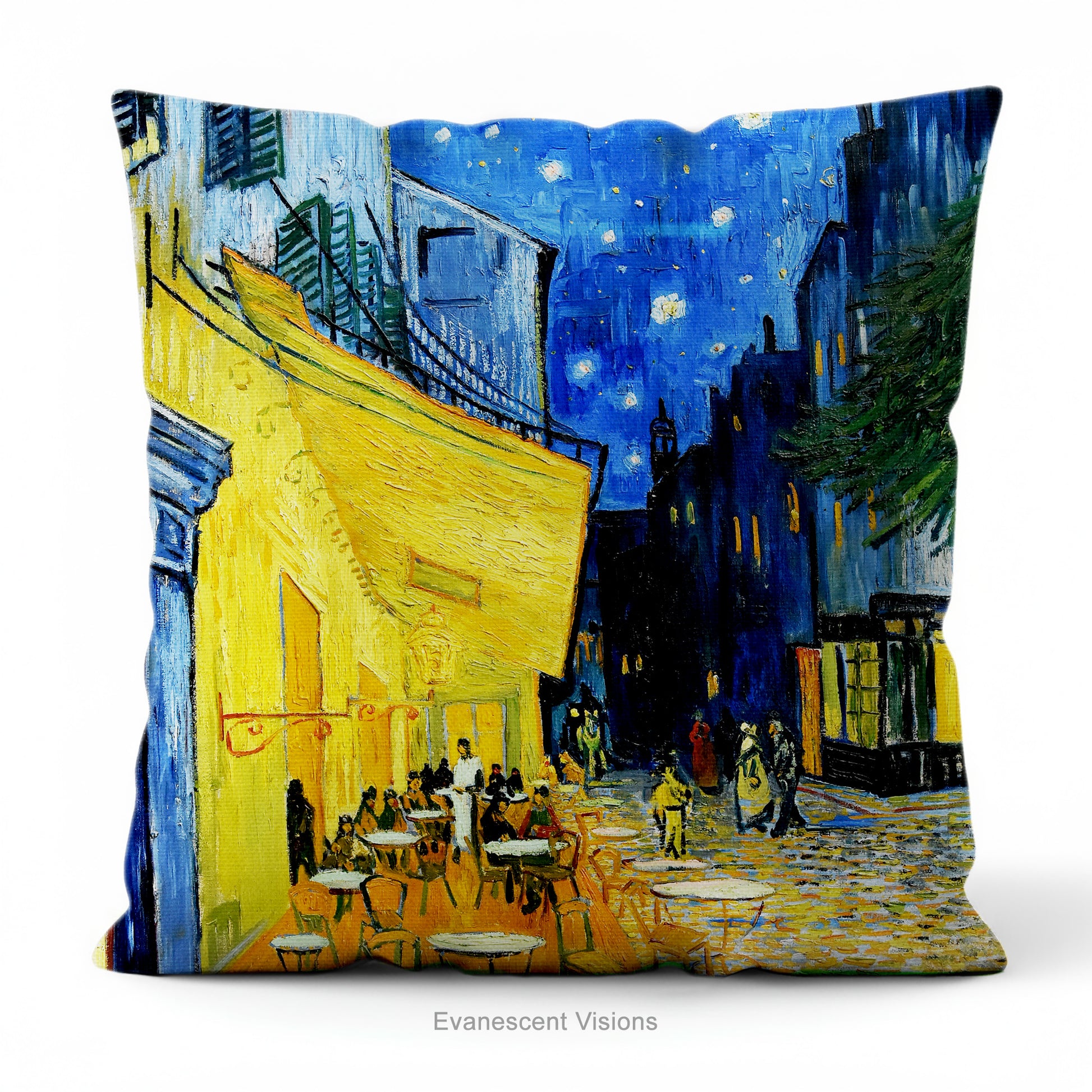 An artistic pillow featuring Vincent van Gogh's Cafe Terrace at Night' painting.