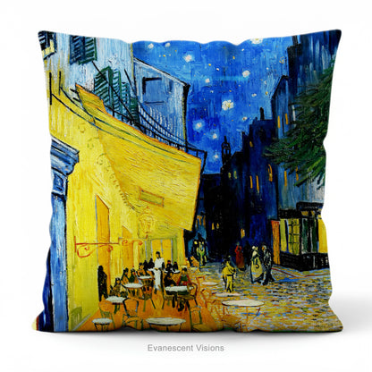 An artistic pillow featuring Vincent van Gogh's Cafe Terrace at Night' painting.