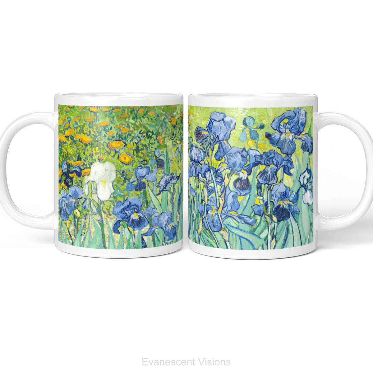 Left and right views of  white ceramic mug featuring a printed artwork of painting 'Irises' by Vincent Van Gogh, featuring blue irises against a textured yellow-green background, shown on a clean white studio background.