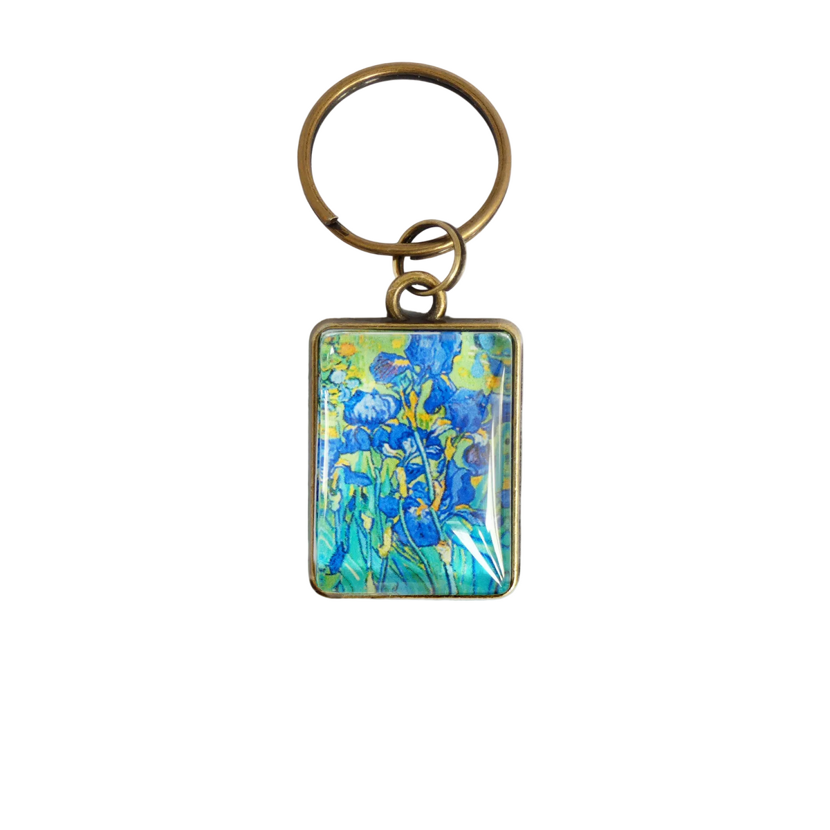 Metal keyring with Van Gogh Irises artwork capped with a glass cabochon.