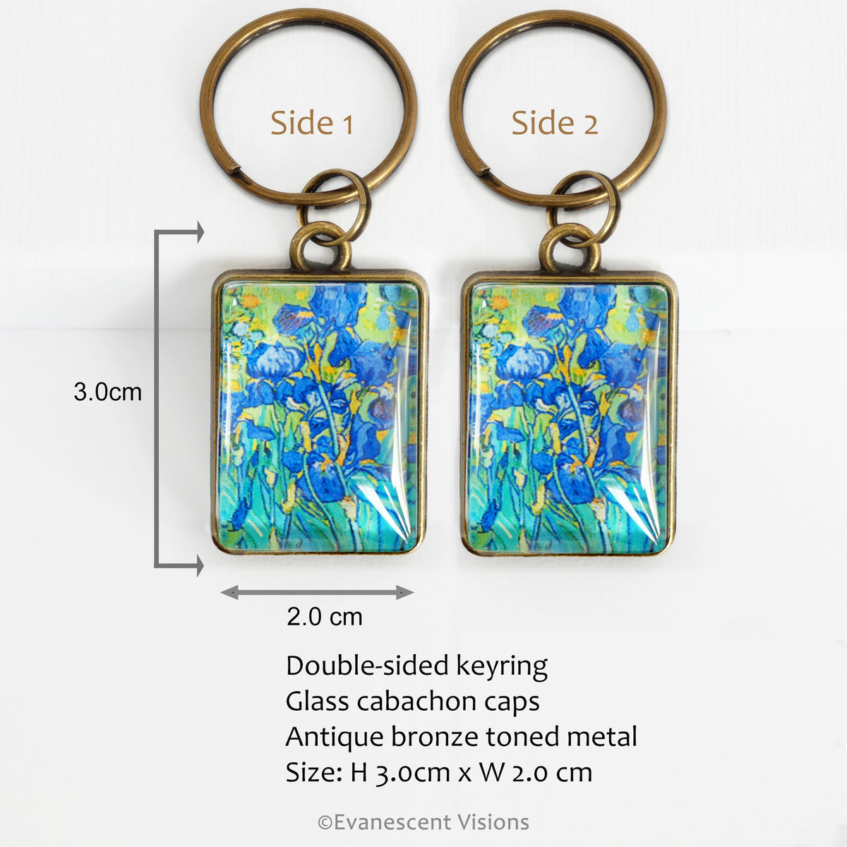 Front and back views of the Vang gogh Irises art keyring