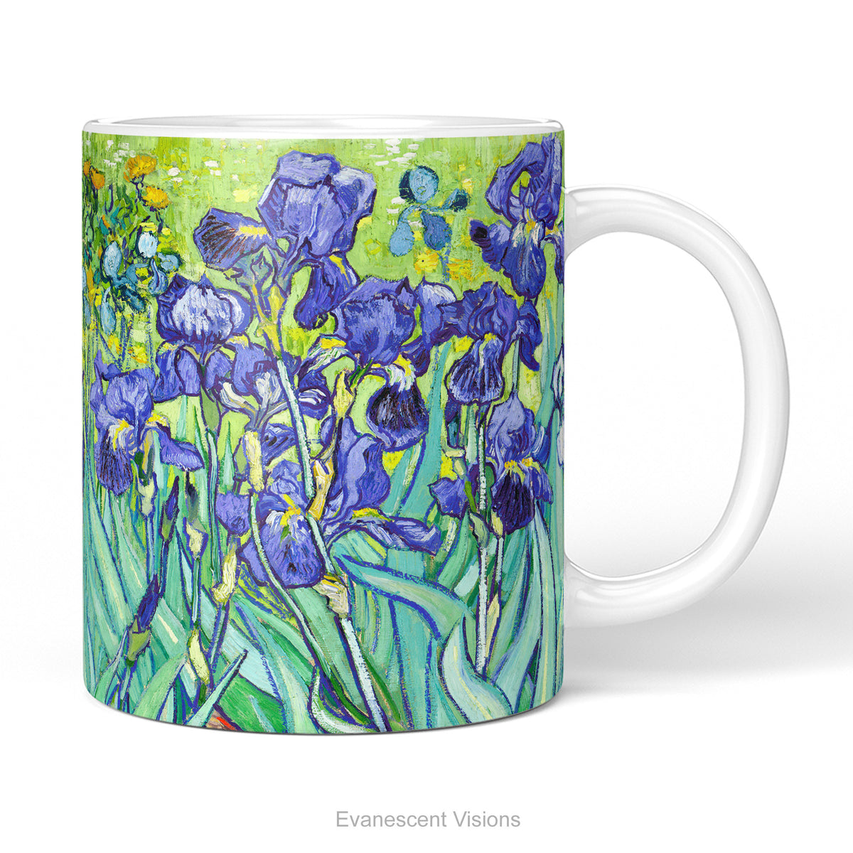 A ceramic mug featuring a print of artwork  'Irises' by Vincent Van Gogh.