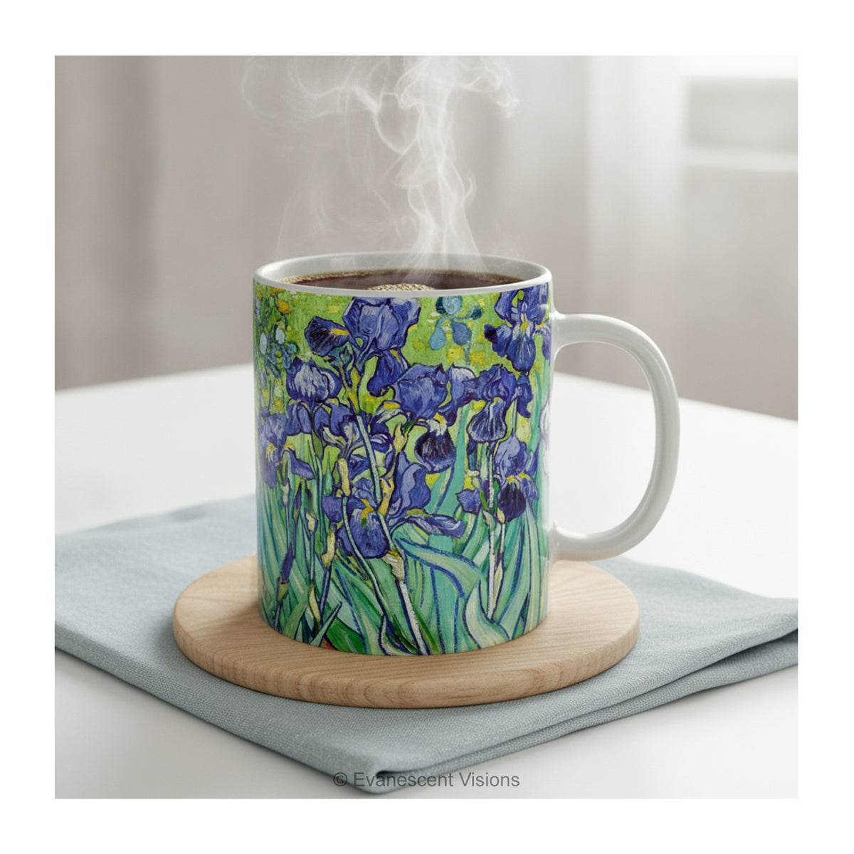 Irises floral ceramic mug styled on a coaster and napkin.