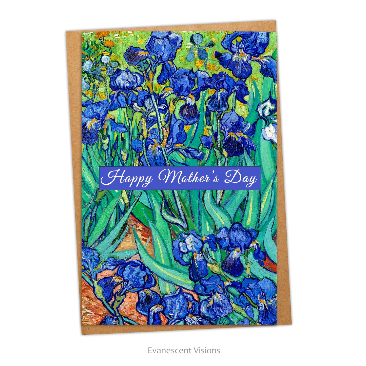 Card and envelope. Image on card is from Van Gogh's 'Irises.' 'Happy Mother's Day' is written in banner across card.