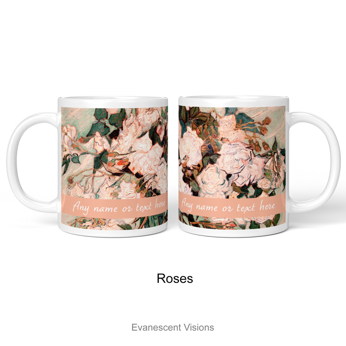 Left and right views of a personalised ceramic mug with a print of  'Roses' painting  by Vincent Van Gogh, shown on a white background. 