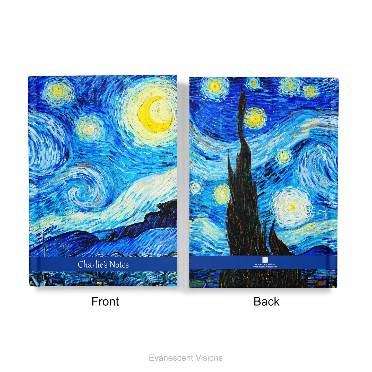 Front and back views of the Personalised Notebook with Van Gogh Starry Night artwork