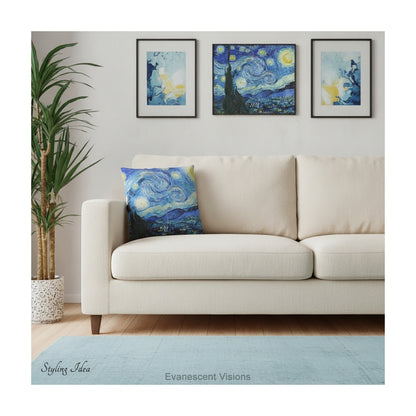 A square artistic themed cushion featuring Vincent van Gogh's 'Starry Night' painting' in blue and yellow tones, shown styled on a cream coloured sofa.