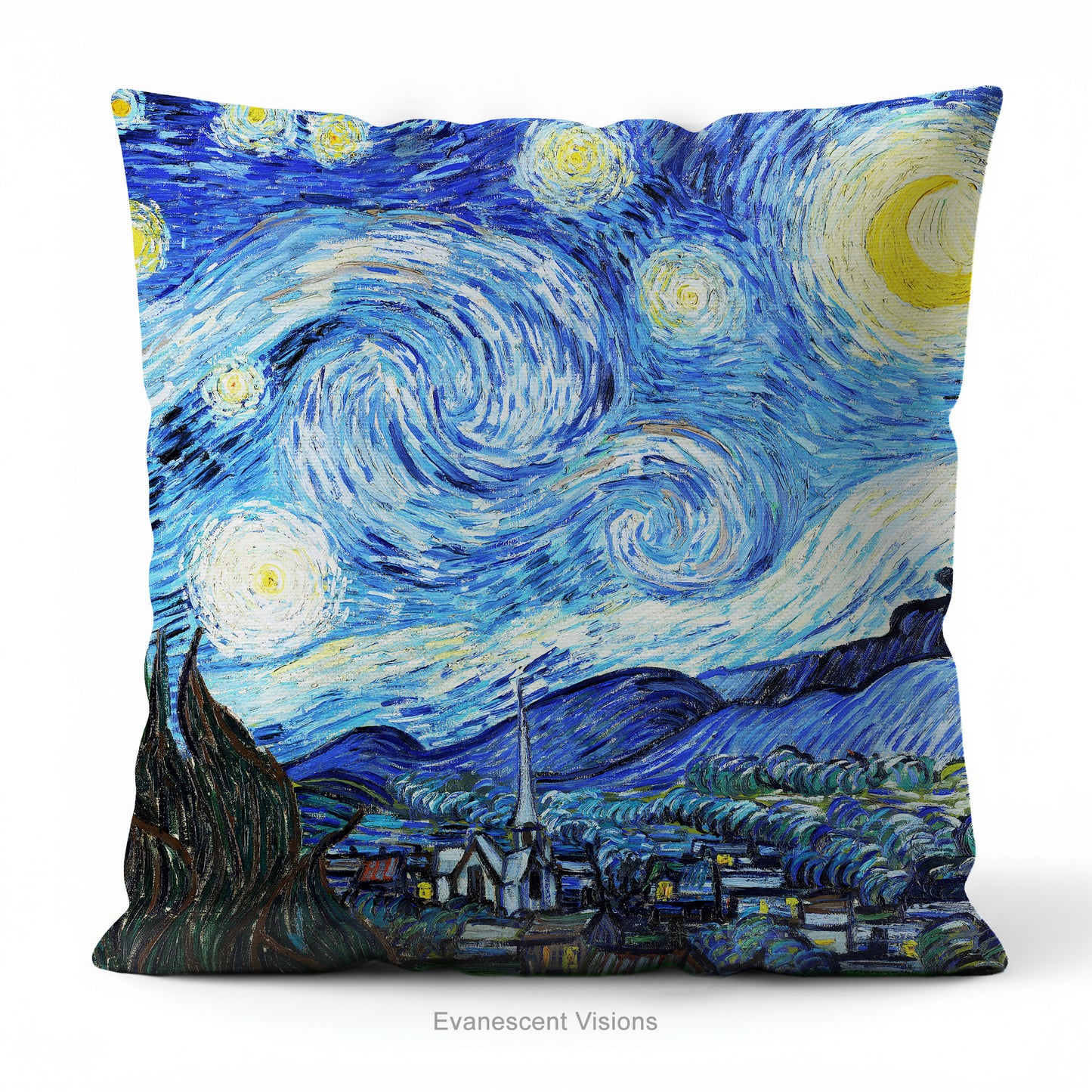 A square artistic themed cushion featuring Vincent van Gogh's 'Starry Night' painting' in blue and yellow tones.