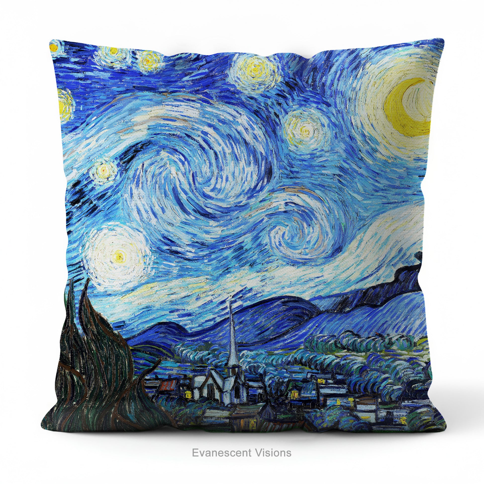 A square artistic themed cushion featuring Vincent van Gogh's 'Starry Night' painting' in blue and yellow tones.