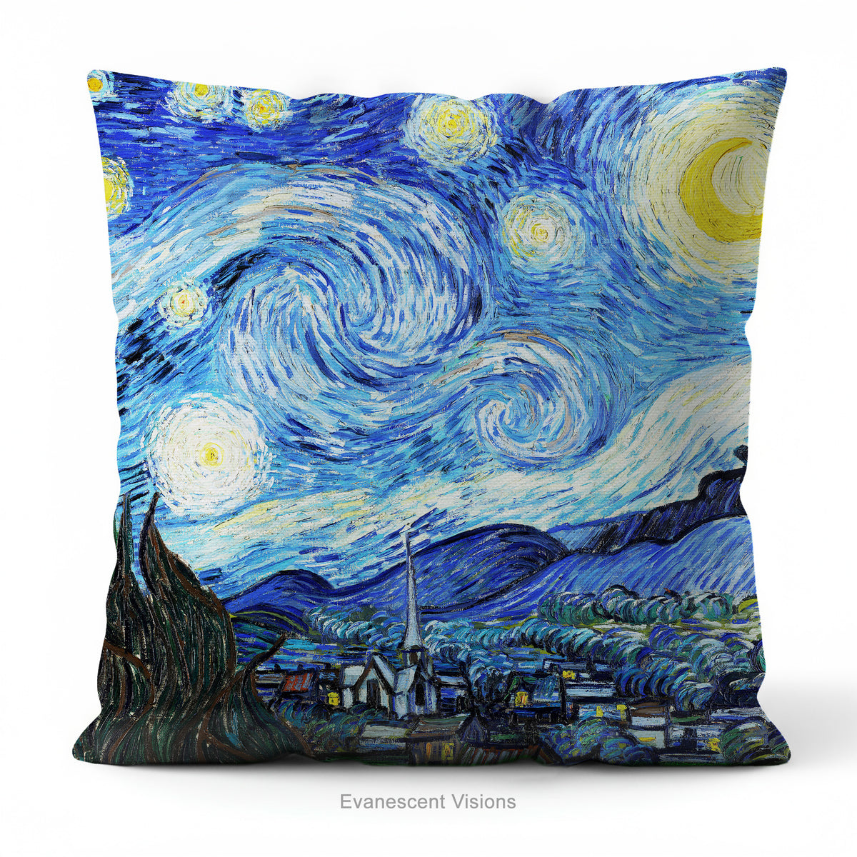 A square artistic themed cushion featuring Vincent van Gogh's 'Starry Night' painting' in blue and yellow tones.