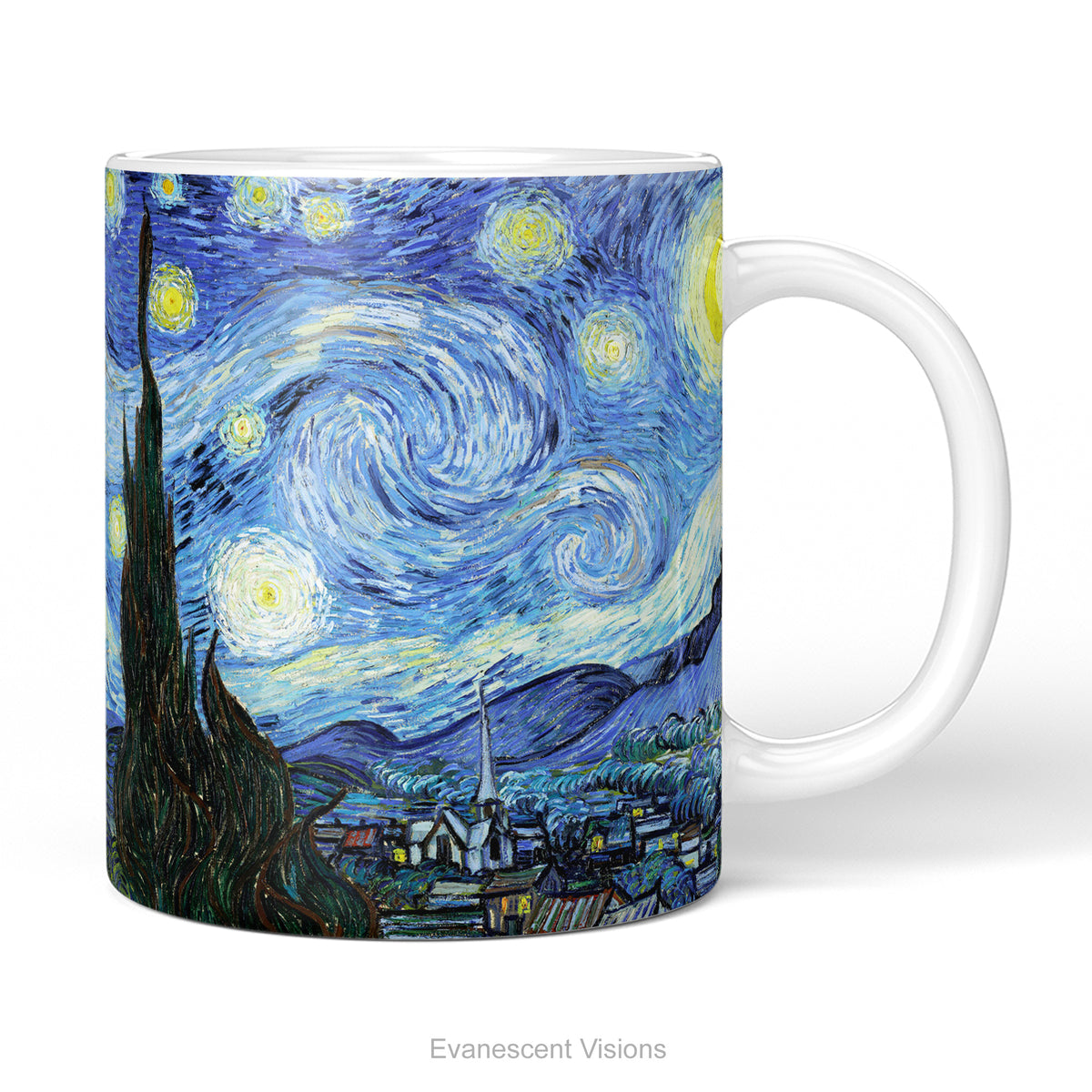 Starry Night ceramic art mug on a white background. 