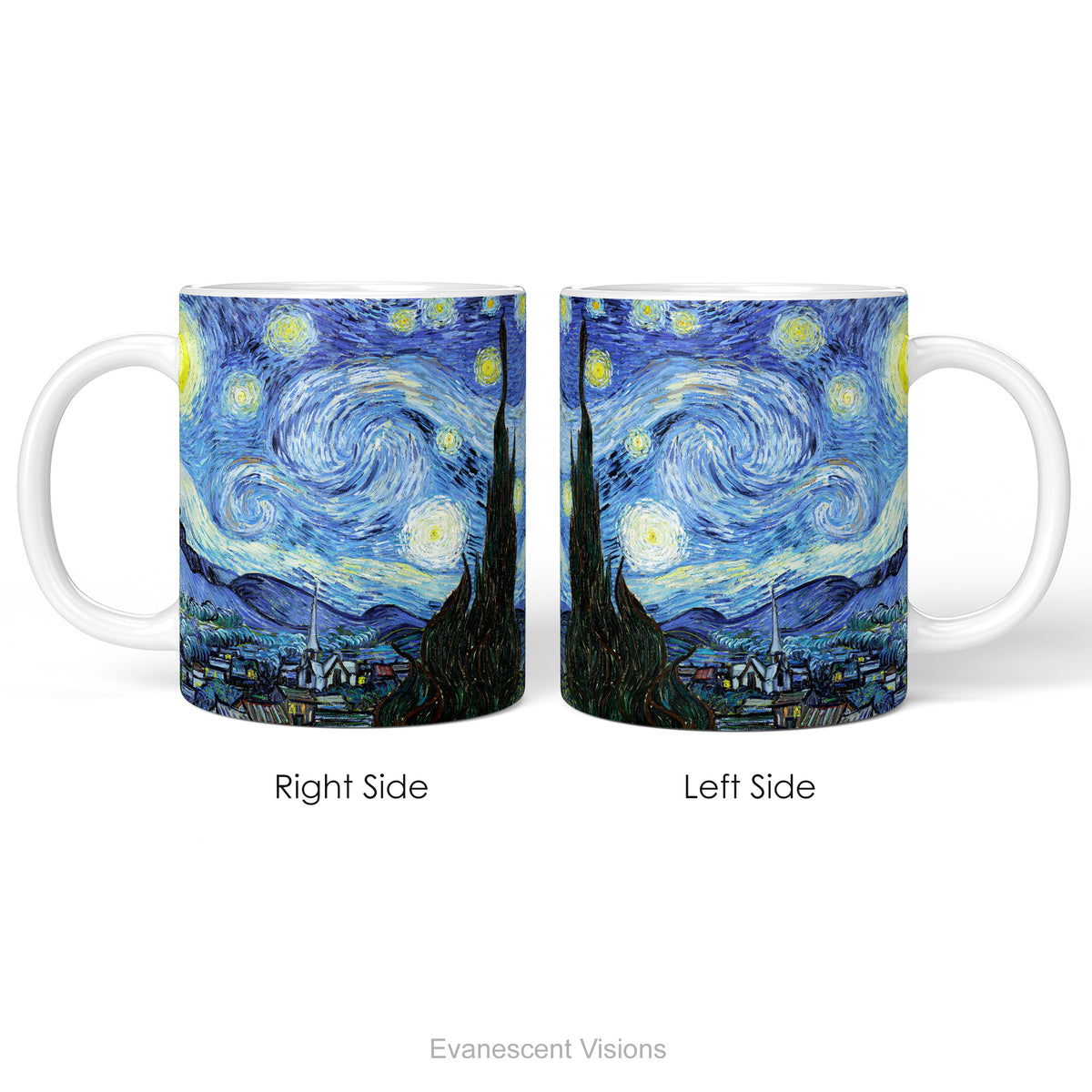 Left and right side views of  ceramic mug with 'The Starry Night' artwork by Vincent Van Gogh