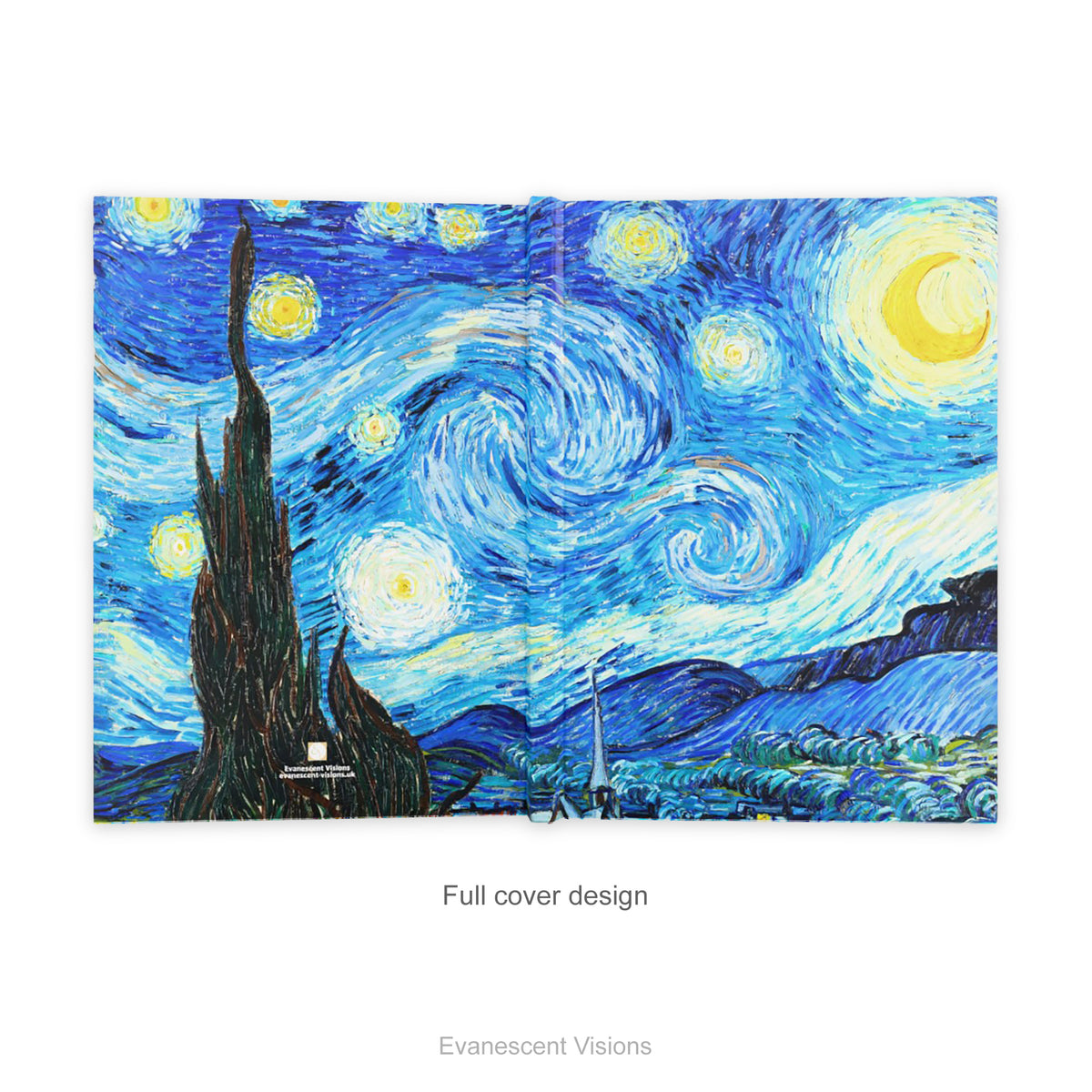 Full cover front and back view of a hardback journal featuring Van Gogh's Starry Night painting,shown on a white background.