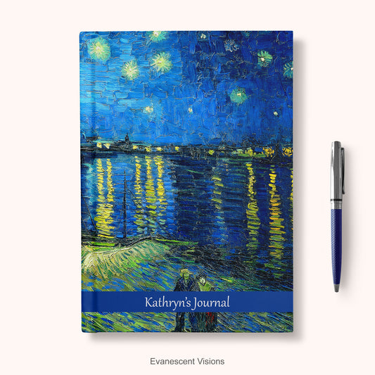 Personalised Notebook,Hardback with Van Gogh's Starry Night over Rhone artwork