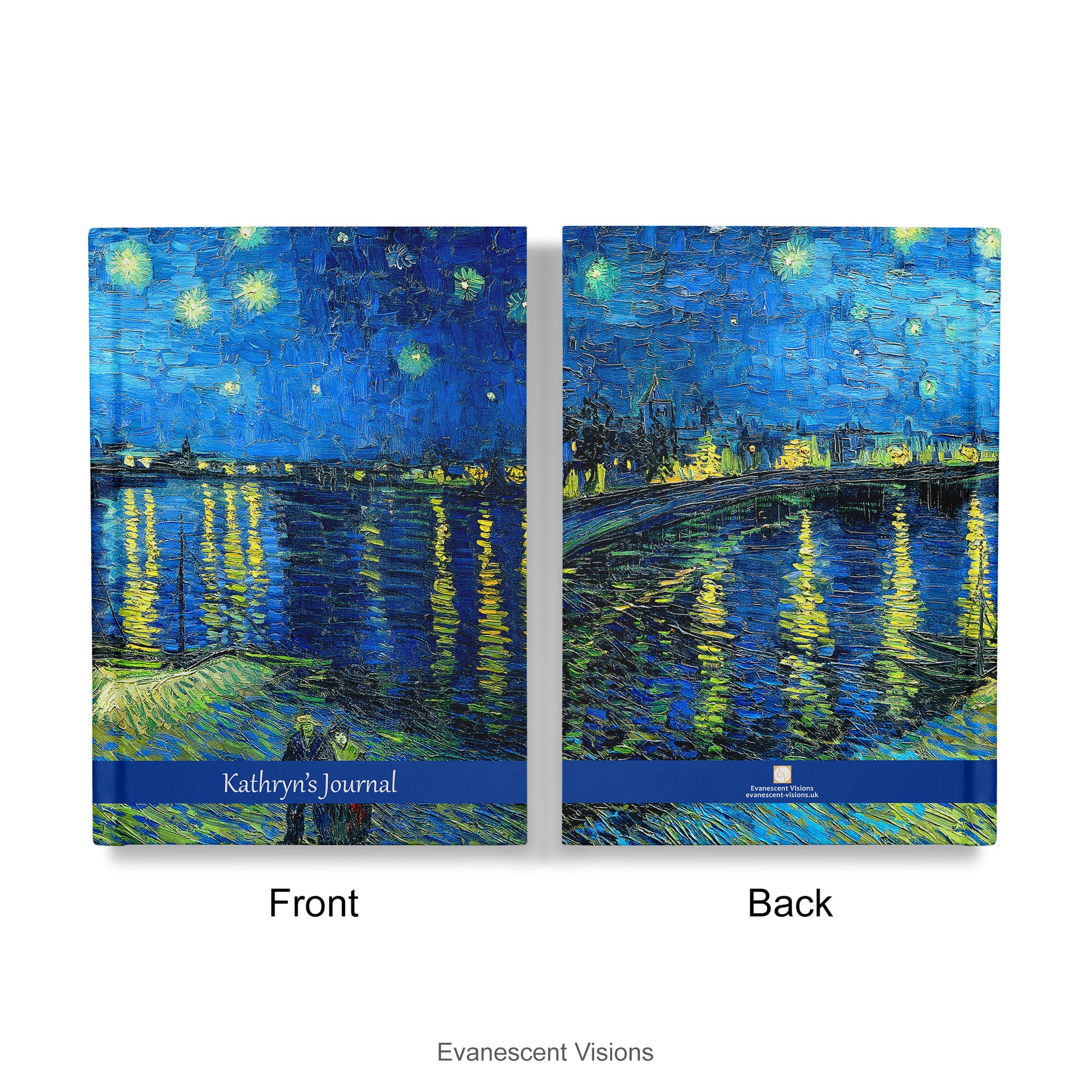 Front and back views of the Personalised Notebook,Hardback with Van Gogh's Starry Night over Rhone artwork