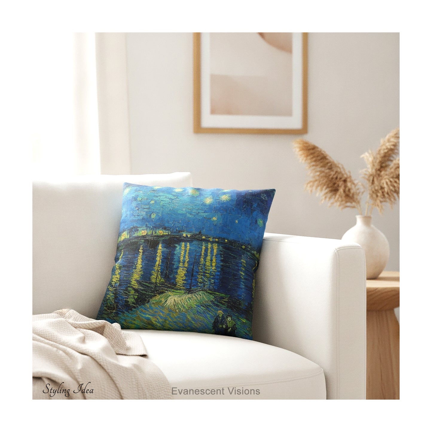 A square art cushion featuring Vincent van Gogh's 'Starry Night over the Rhone' painting' in blue and yellow tones shown styled on a white sofa. 