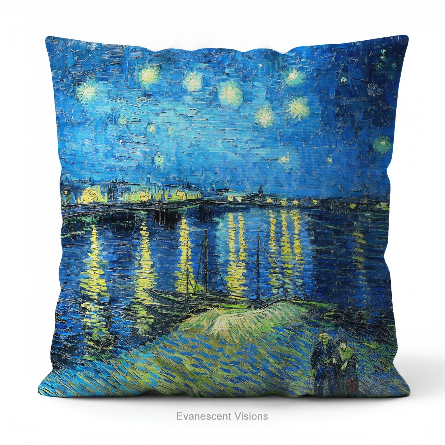 A square art cushion featuring Vincent van Gogh's 'Starry Night over the Rhone' painting' in blue and yellow tones.