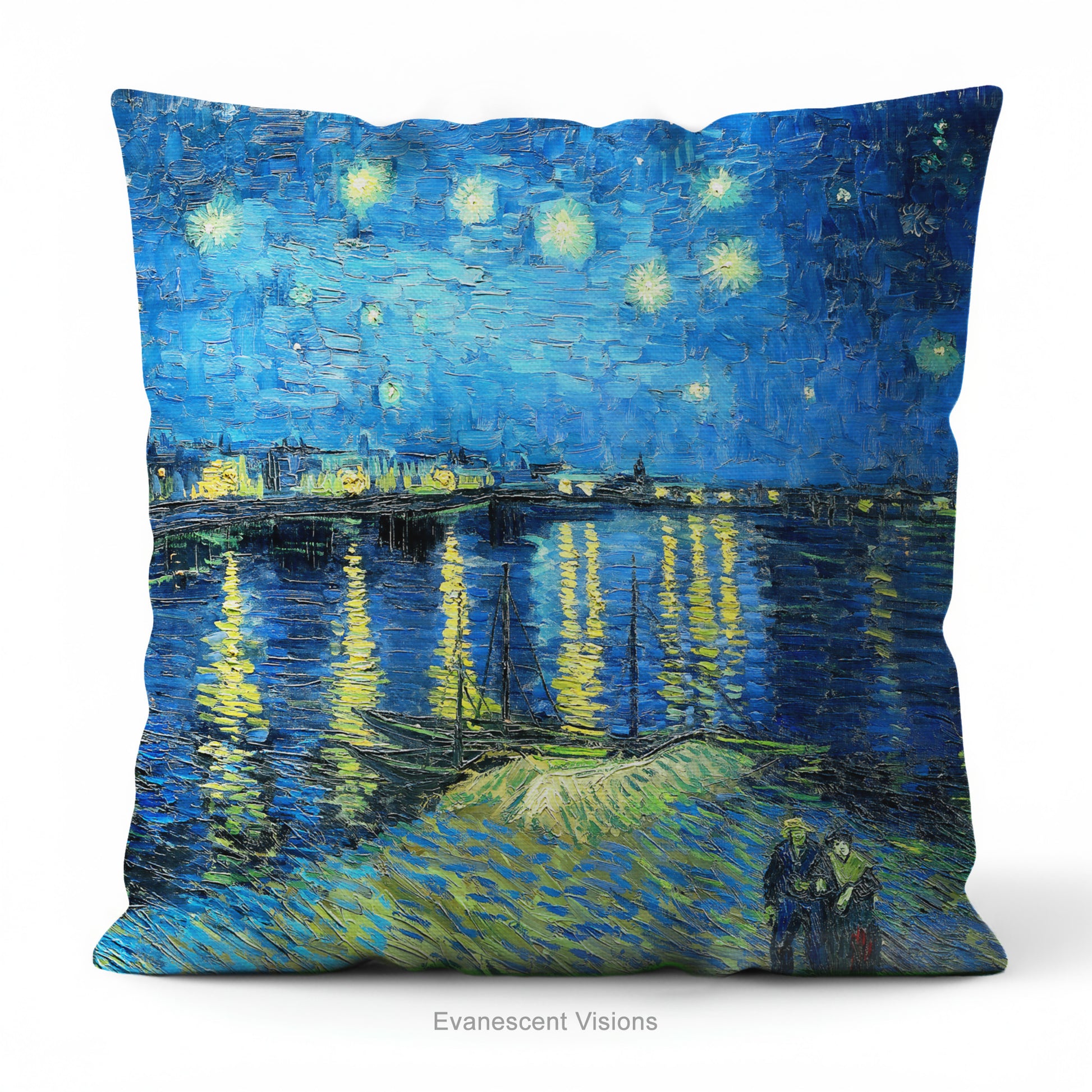 A square art cushion featuring Vincent van Gogh's 'Starry Night over the Rhone' painting' in blue and yellow tones.
