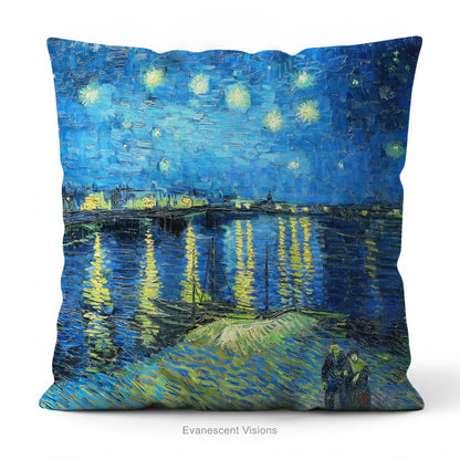 A square art cushion featuring Vincent van Gogh's 'Starry Night over the Rhone' painting' in blue and yellow tones.