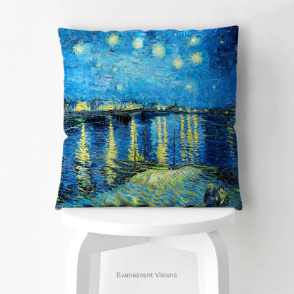 A square art cushion featuring Vincent van Gogh's 'Starry Night over the Rhone' painting' on a white stool. 