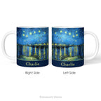 Left and right side views of the Starry Night Over the Rhône ceramic mug.