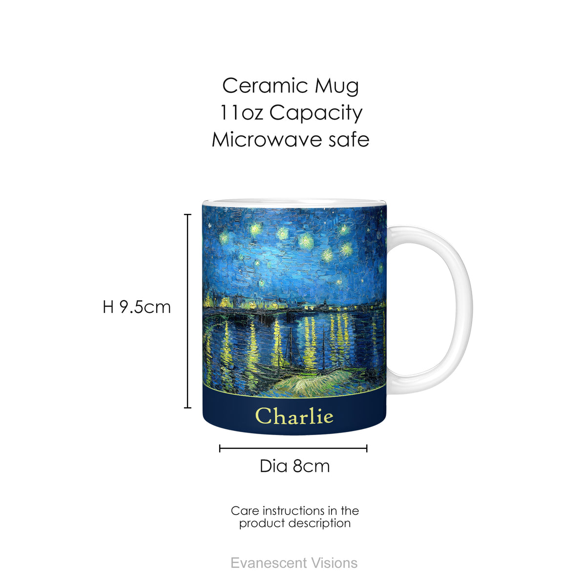 Starry Night Over the Rhône ceramic mug with mug dimensions.