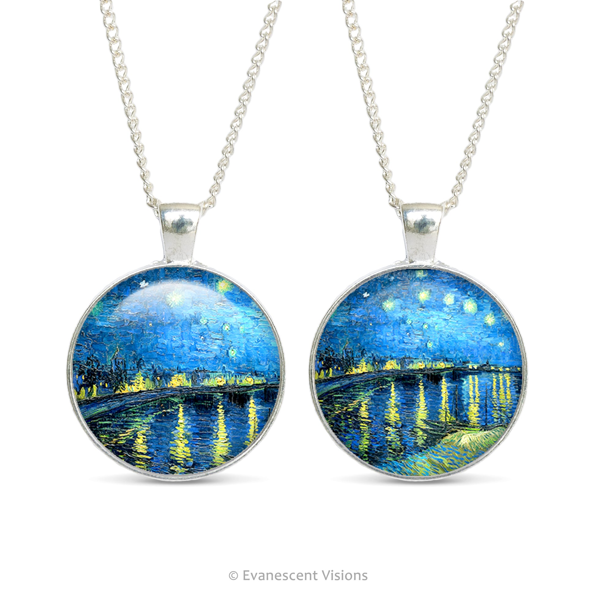 Front and back views of a necklace with pendant featuring Van Gogh's 'Starry Night over the Rhone' on a white background.